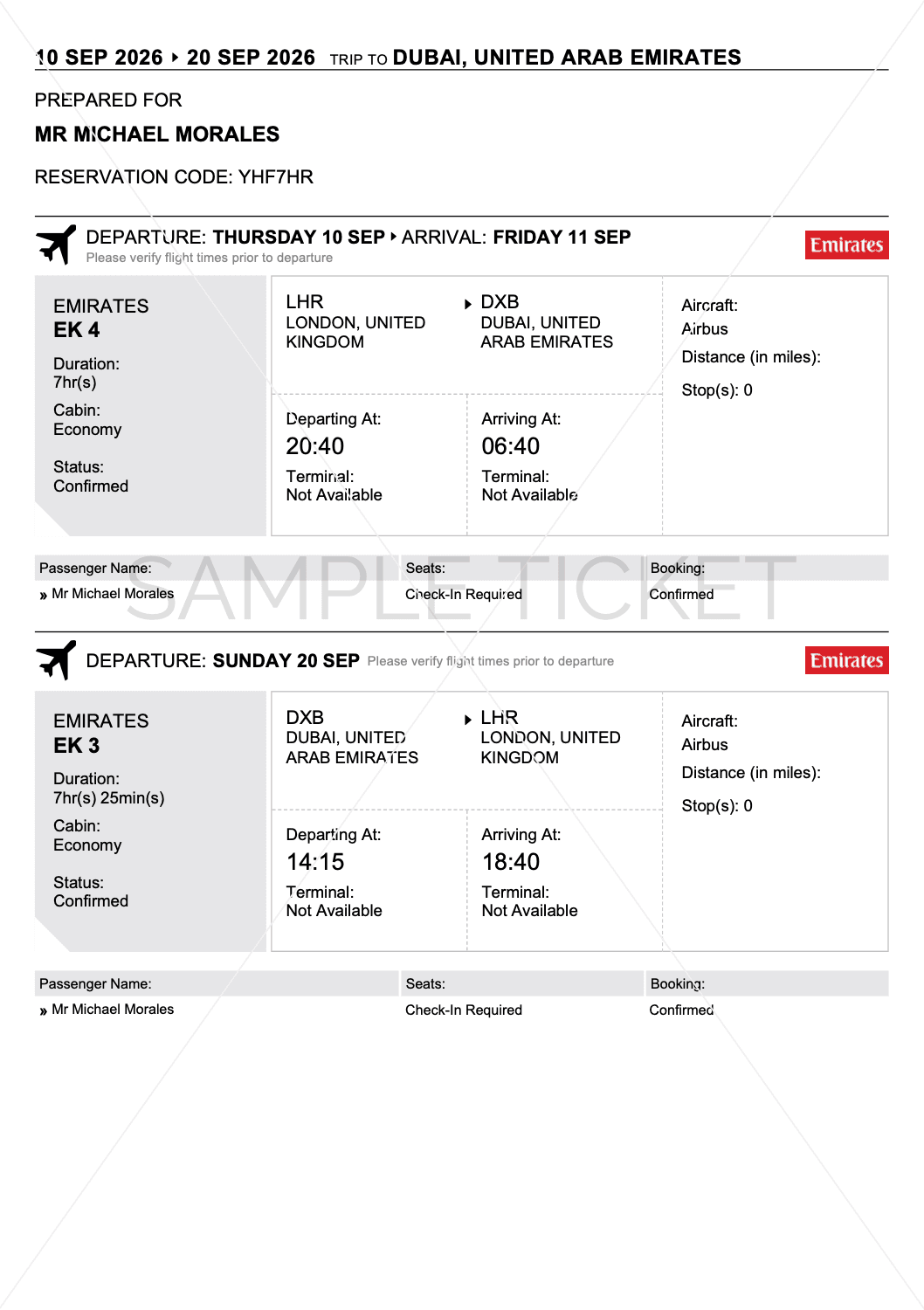 Sample Standard Flight Itinerary