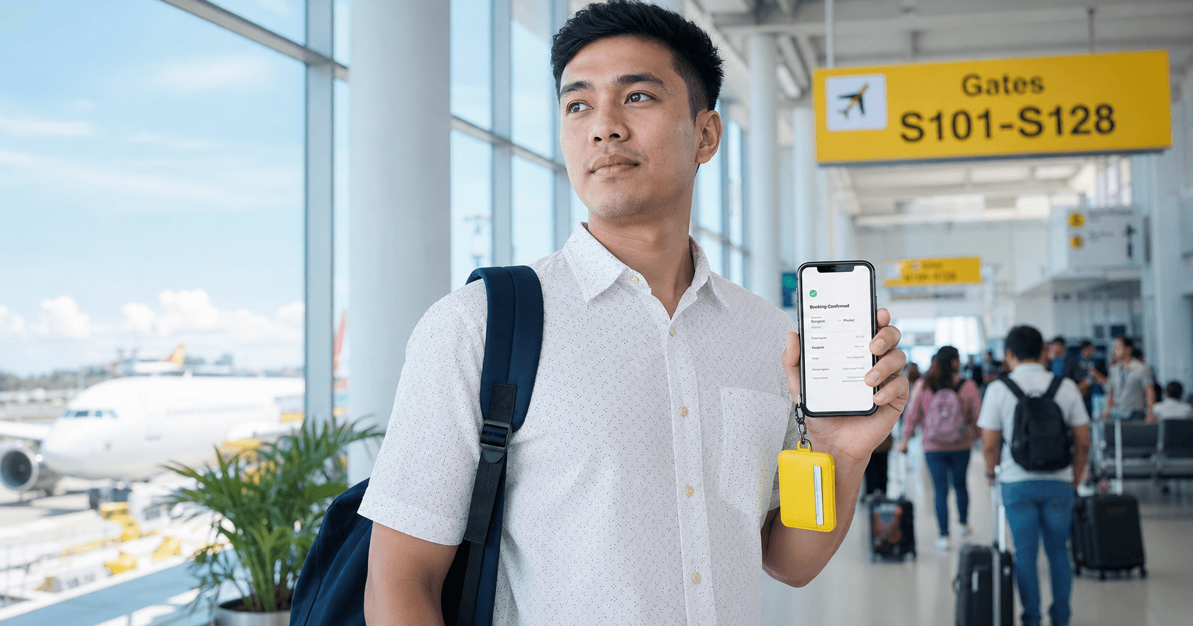 Confident traveler in white patterned shirt getting dummy ticket instantly on phone at bright modern Bangkok Suvarnabhumi airport departure terminal with small yellow accent in 2026