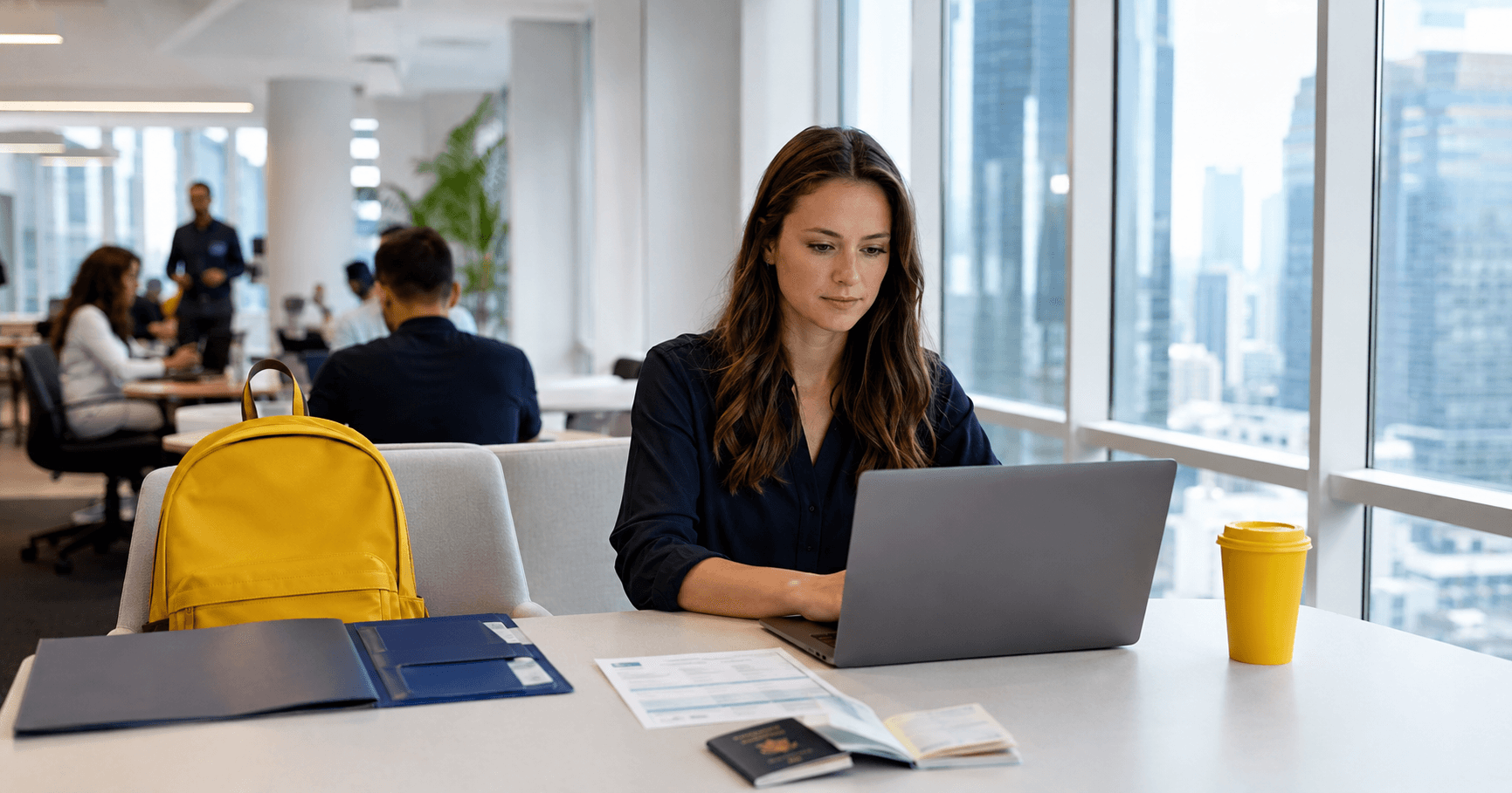 Professional digital nomad working on laptop at a bright modern co-working space with passport dummy ticket and bright yellow backpack ready for next border crossing in 2026