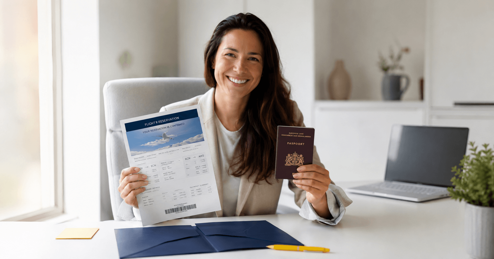 Confident traveler holding a printed Schengen visa dummy ticket and passport at a clean white desk ready for visa application in 2026