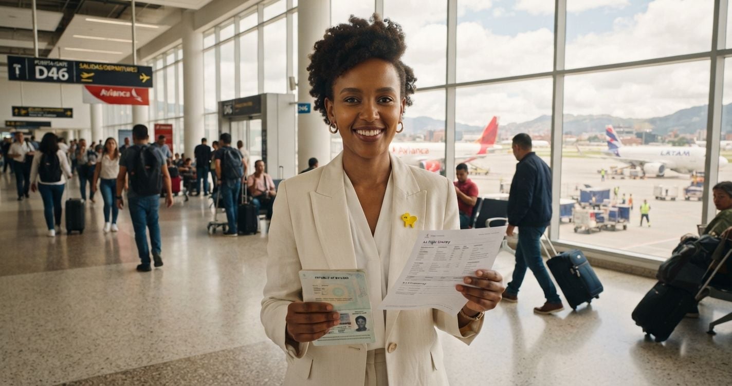 Confident Rwandan woman in a cream blazer holding a printed flight reservation at Bogota El Dorado International Airport bright modern departure hall in 2026