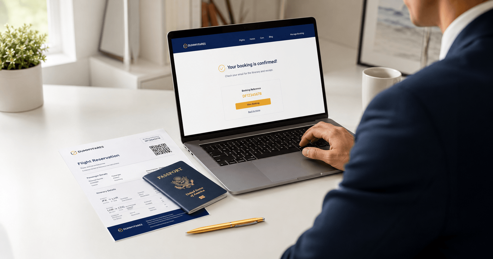 Confident traveler reviewing dummy ticket provider options on a laptop at a clean white desk with passport and flight reservation document in 2026