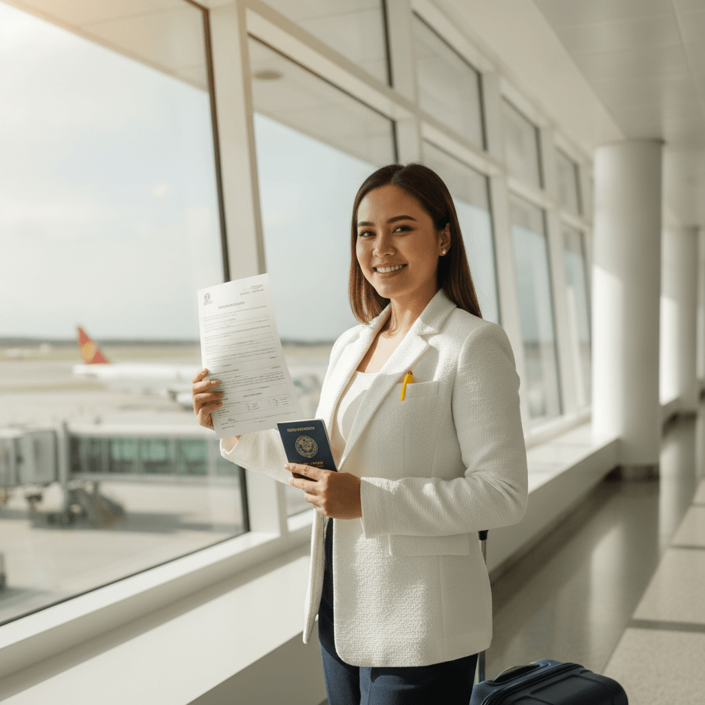 Confident Filipino woman in white blazer with subtle texture holding flight reservation and passport at bright modern Manila airport departure terminal with small yellow accent pen in 2026