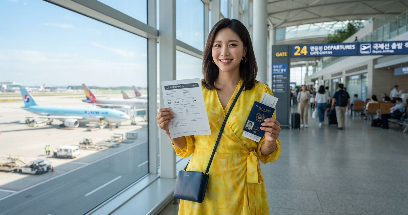 Confident South Korean woman in bright yellow wrap dress holding Australia visa dummy ticket and passport at bright modern Seoul Incheon airport terminal with navy accent bag in 2026