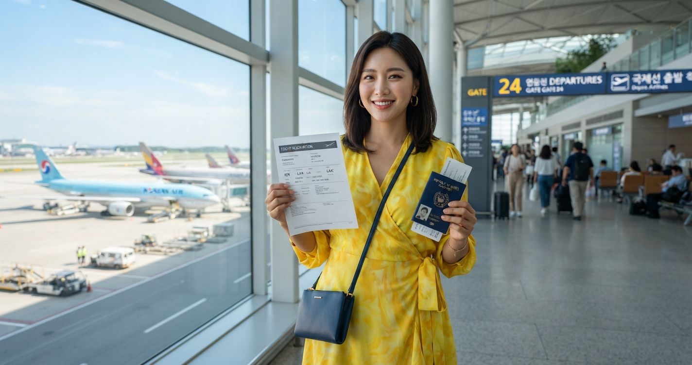 Confident South Korean woman in bright yellow wrap dress holding Australia visa dummy ticket and passport at bright modern Seoul Incheon airport terminal with navy accent bag in 2026