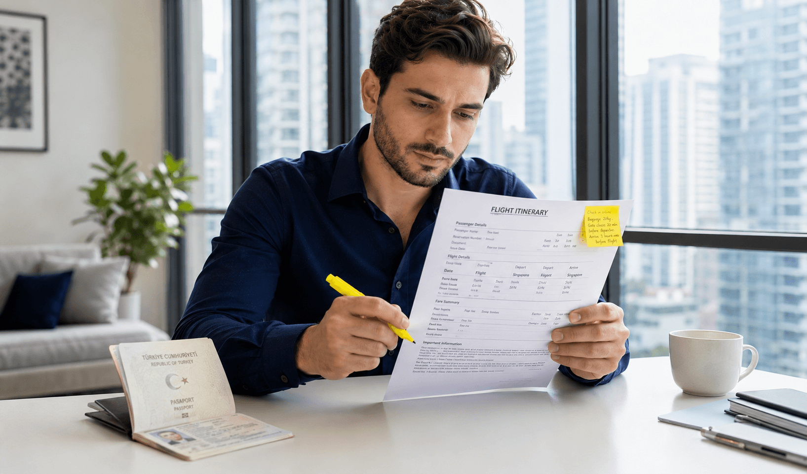 Focused traveler in navy blue tailored shirt studying genuine flight itinerary sample document at bright modern Singapore home workspace with small yellow accent in 2026