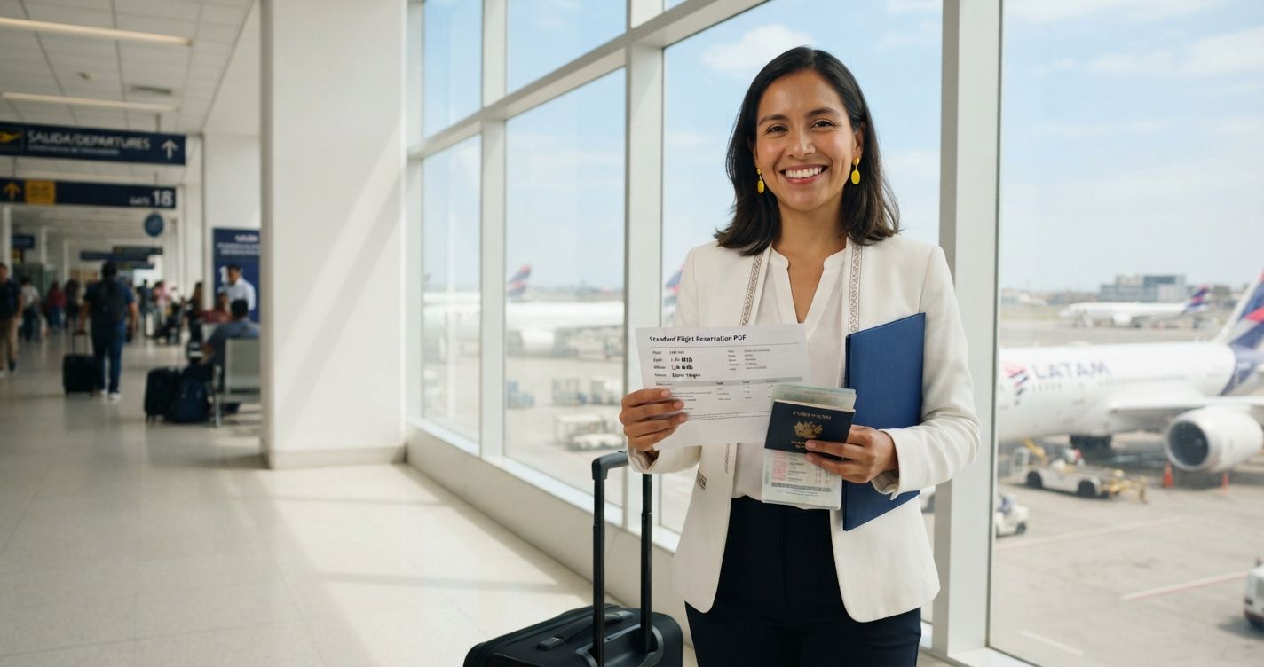Confident Peruvian woman in white blazer with embroidered trim holding genuine Standard Flight Reservation at bright modern Lima international airport terminal with small yellow accent earrings in 2026