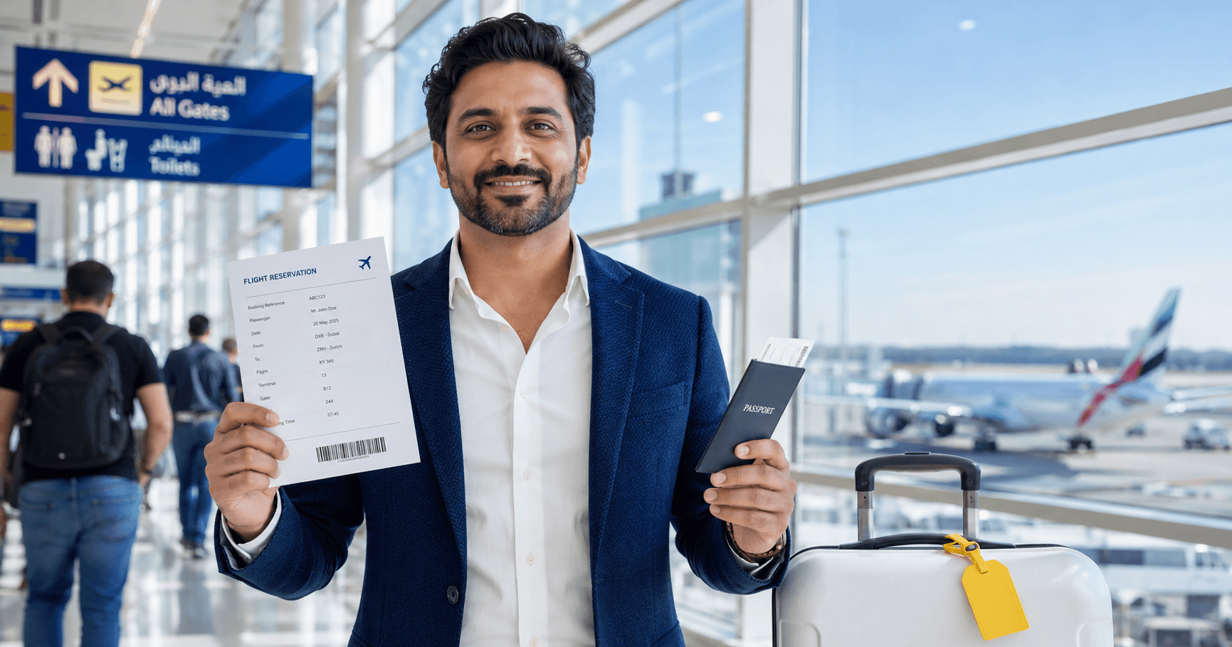 Confident traveler in navy blue blazer holding genuine flight reservation at bright modern Dubai International Airport terminal with small yellow accent in 2026