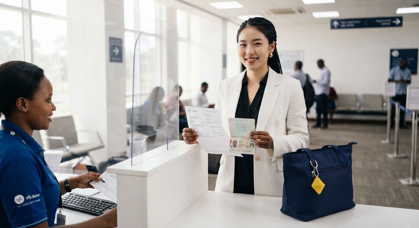 Confident Ugandan korean woman in a white blazer holding a printed Schengen visa flight reservation at a bright modern VFS Global center in Kampala with a small yellow keychain on her navy bag in 2026