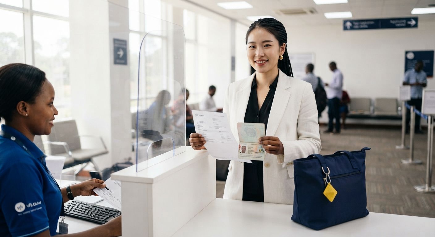 Confident Ugandan korean woman in a white blazer holding a printed Schengen visa flight reservation at a bright modern VFS Global center in Kampala with a small yellow keychain on her navy bag in 2026