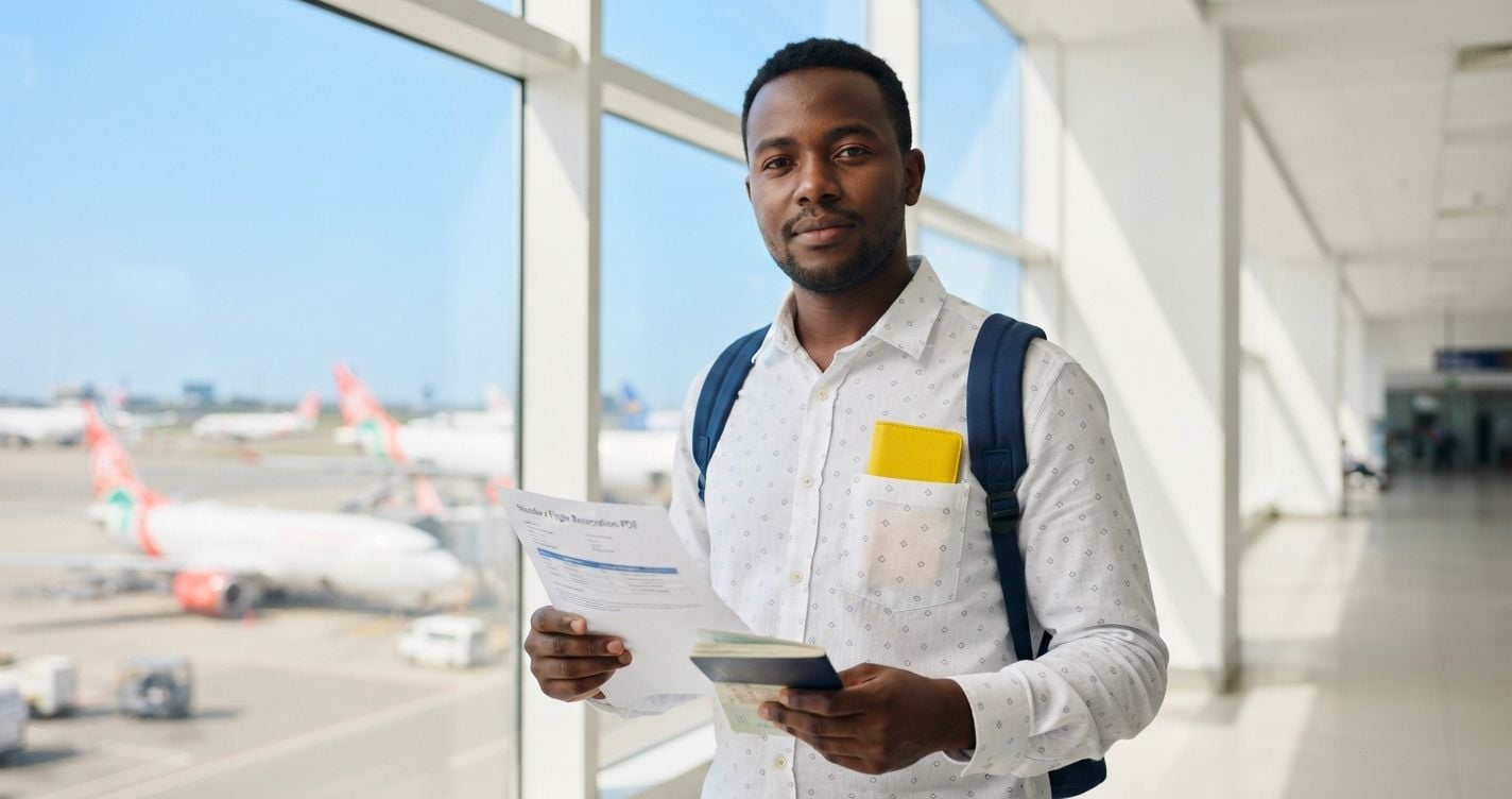 Confident Kenyan man in white linen shirt with subtle geometric print holding dummy ticket and passport at bright modern Nairobi airport departure terminal with small yellow accent wallet in 2026