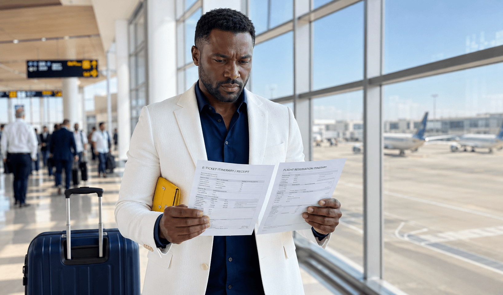 Confident traveler in white textured blazer comparing flight itinerary documents at bright modern Doha Hamad International Airport terminal with small yellow accent in 2026