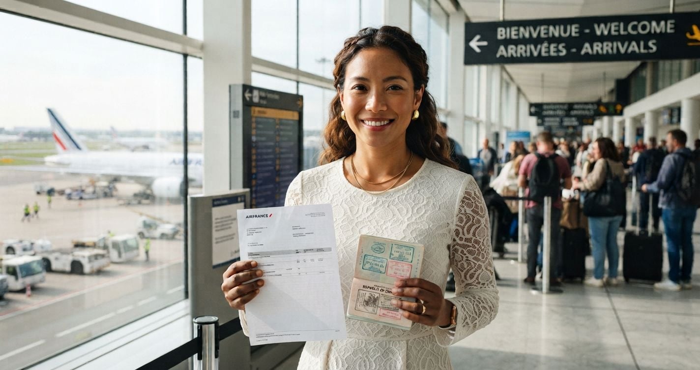 Confident Zimbabwean woman in a sage green blazer holding a printed Schengen visa flight reservation at Paris Charles de Gaulle Airport bright modern arrivals hall in 2026