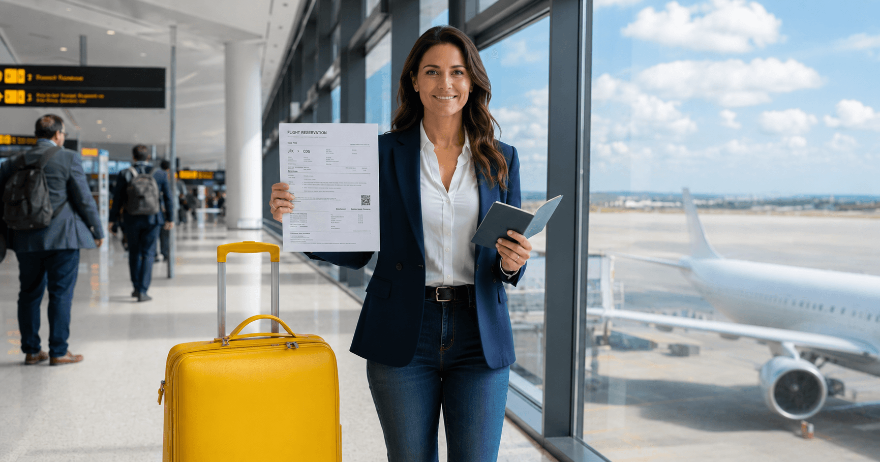 Confident traveler at bright modern airport holding passport and proof of onward travel flight reservation document ready for immigration check in 2026