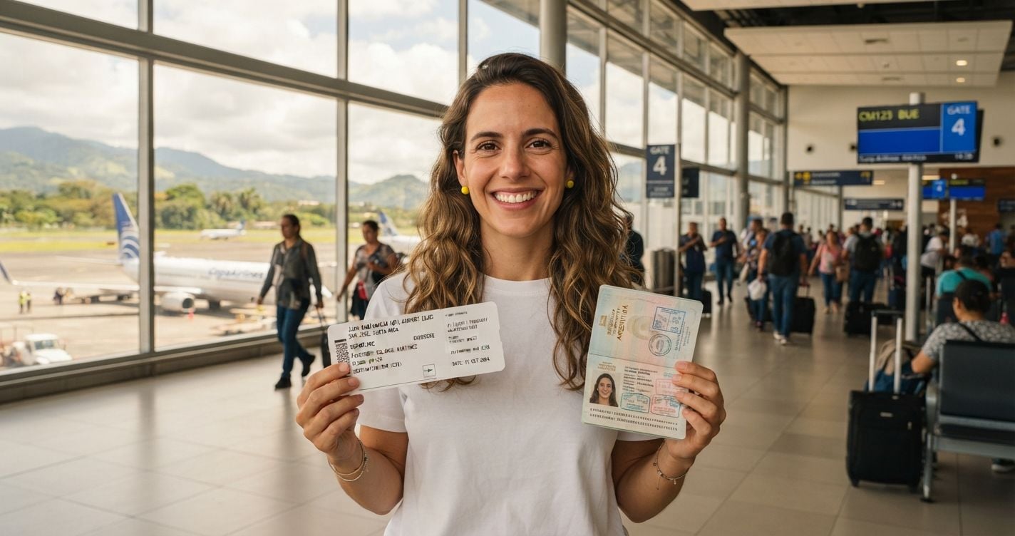 Confident Argentinian woman in a white casual t-shirt holding a printed flight reservation at Juan Santamaria International Airport bright modern departure hall in San Jose Costa Rica in 2026