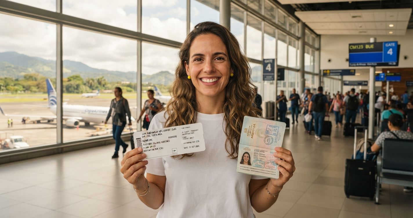 Confident Argentinian woman in a white casual t-shirt holding a printed flight reservation at Juan Santamaria International Airport bright modern departure hall in San Jose Costa Rica in 2026
