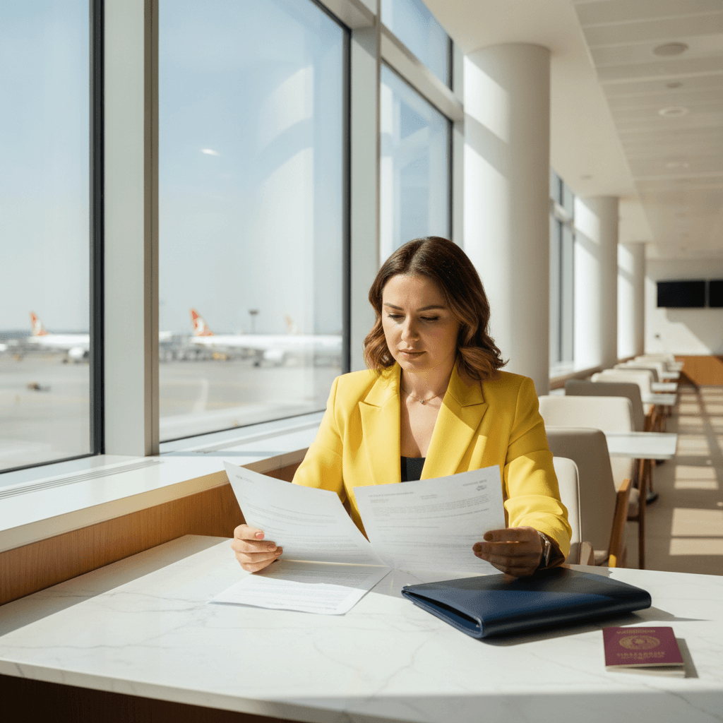 Confident Turkish woman in bright yellow structured blazer comparing flight itinerary and flight ticket documents at bright modern Istanbul airport departure lounge with navy accent bag in 2026