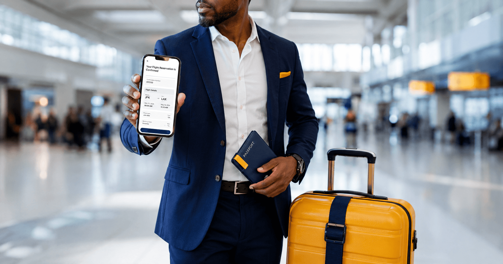 Confident traveler checking instant dummy ticket delivery on phone at airport with passport and yellow gold carry on bag ready for last minute visa or travel in 2026