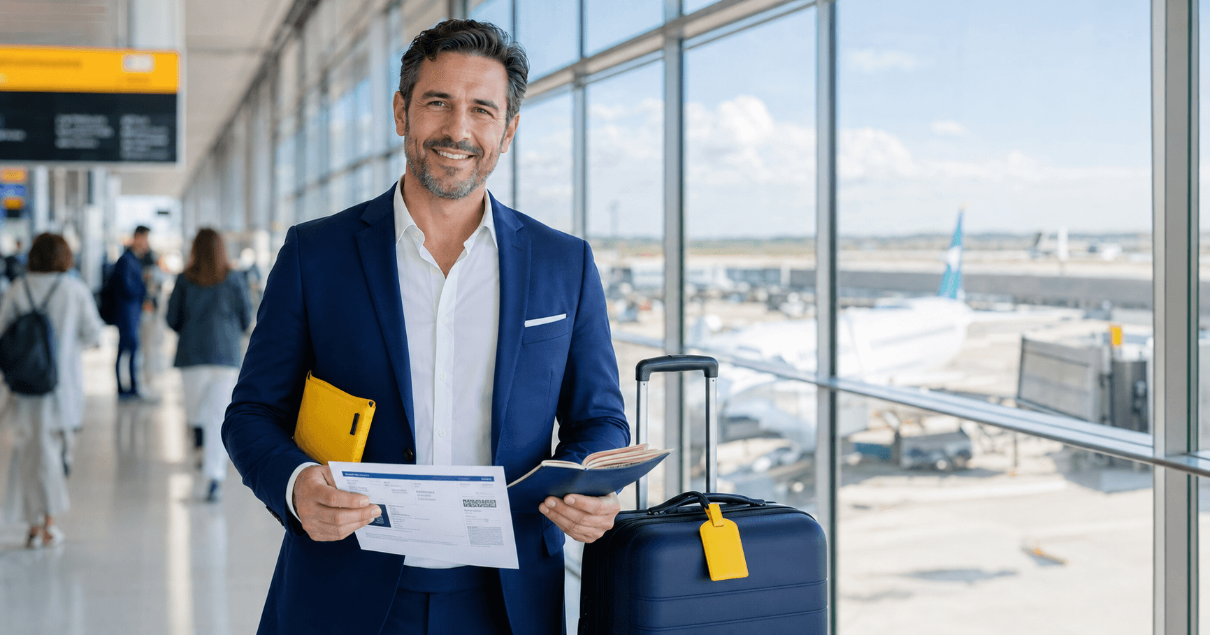 Confident traveler in navy blazer holding genuine flight reservation and passport at bright modern Toronto Pearson airport terminal with small yellow accent in 2026