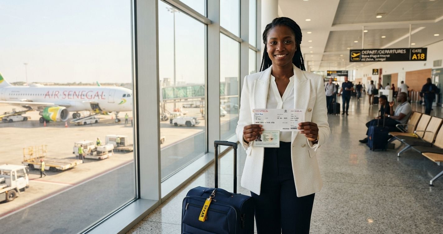 Confident Senegalese woman in a white blazer holding a printed flight reservation and open passport at a bright modern Dakar Blaise Diagne International Airport departure hall in 2026