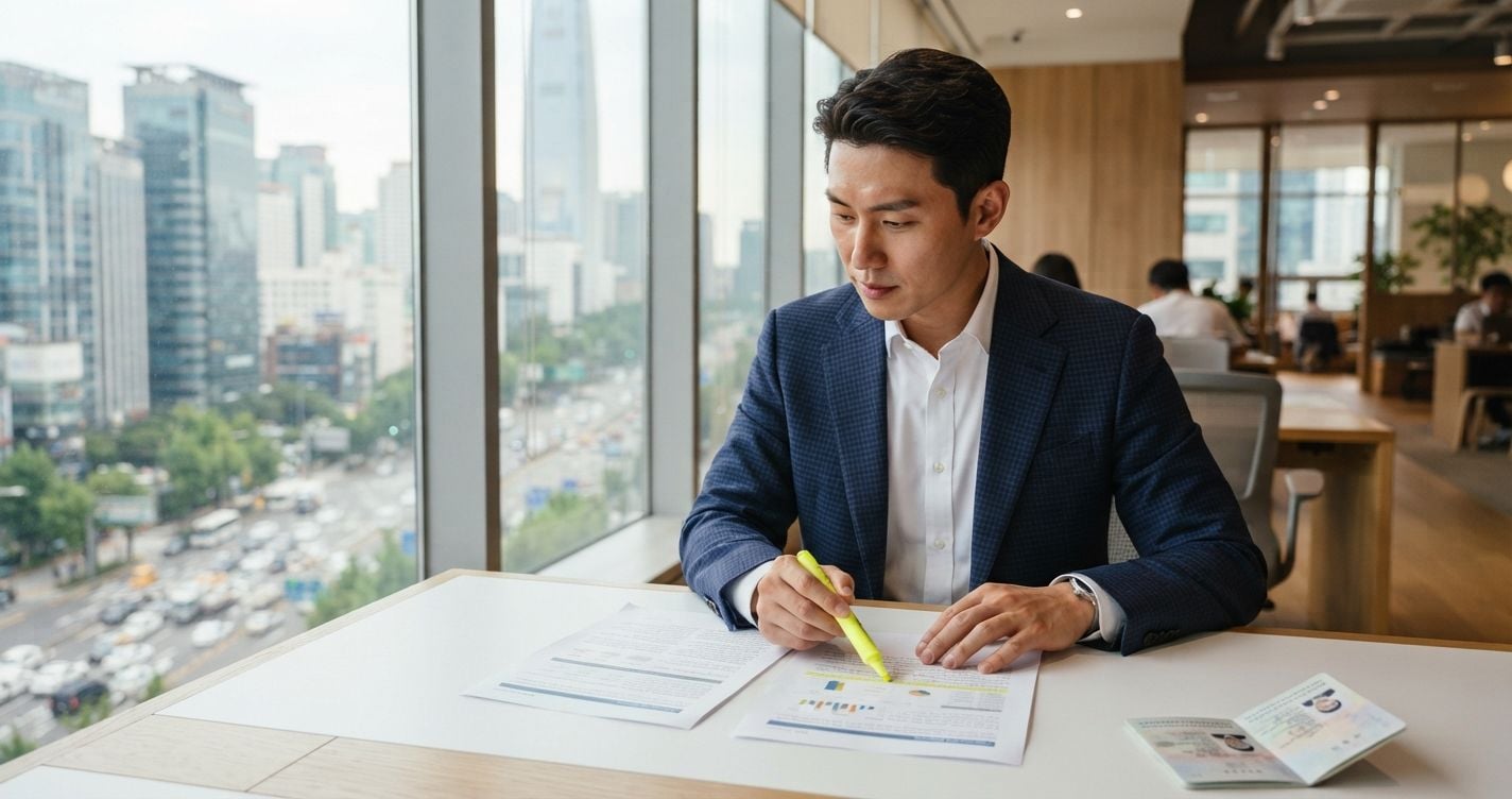 Focused South Korean man in navy blue check blazer reviewing fake flight ticket generator output vs genuine Standard Flight Reservation at bright modern Seoul co-working space with bright yellow highlighter accent in 2026