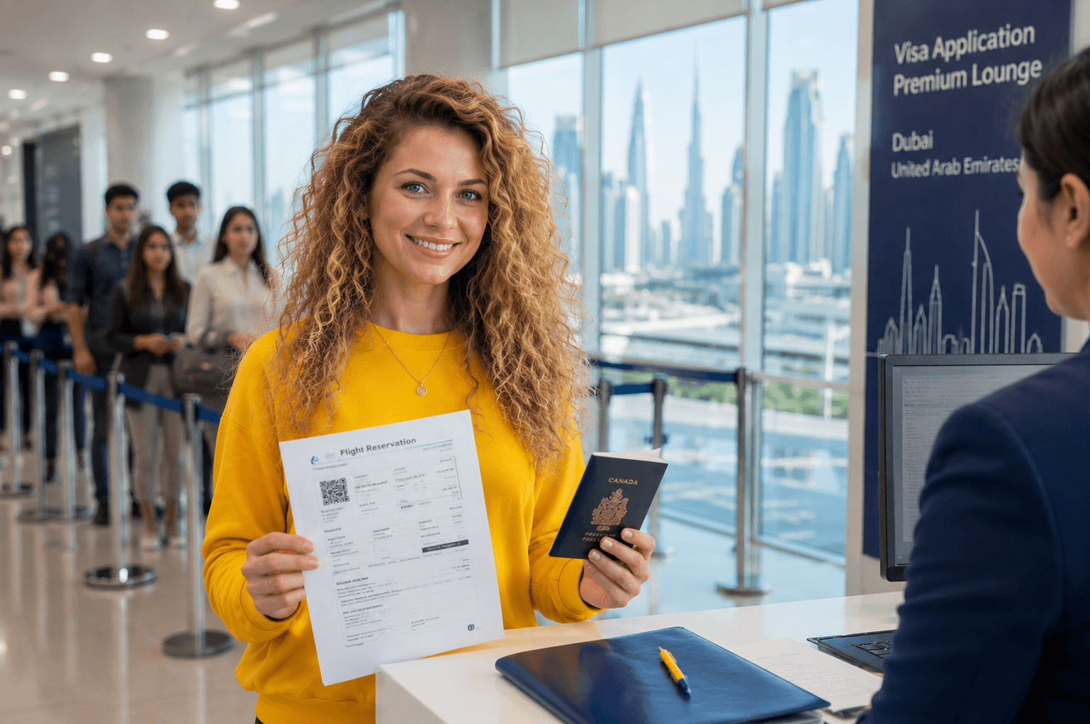 Confident visa applicant holding genuine Standard Flight Reservation and passport at bright modern VFS Global visa application center with bright yellow bag ready in 2026