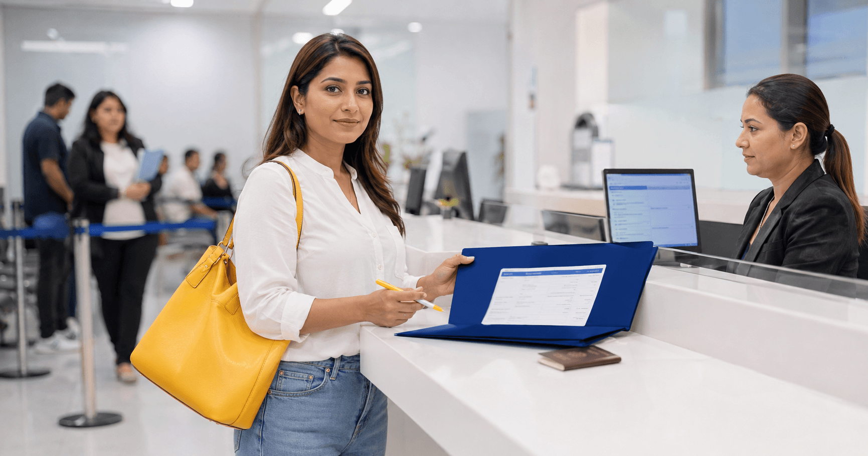 Confident visa applicant submitting dummy ticket flight reservation at a bright modern VFS Global visa application center with passport and bright yellow bag in 2026