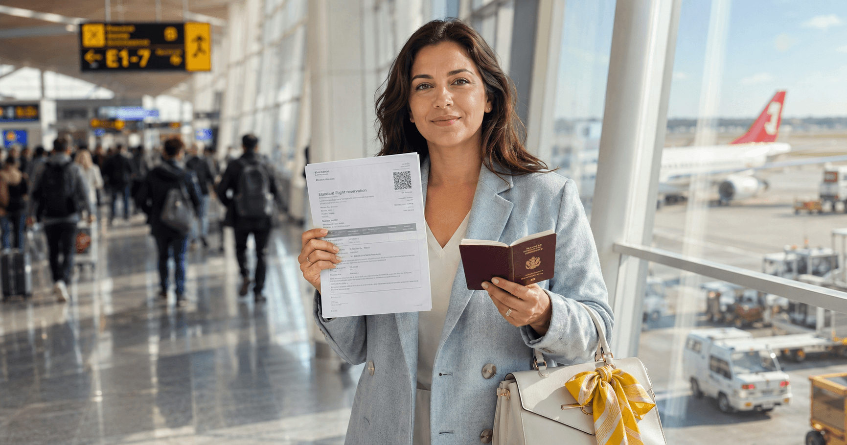 Confident traveler in soft pale blue grey textured coat holding Standard Flight Reservation and passport at bright modern Istanbul airport terminal with small yellow accent in 2026