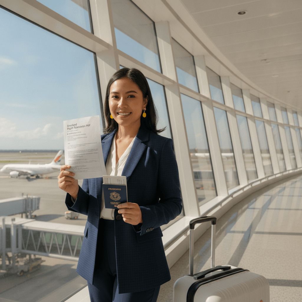 Confident Filipino woman in navy blue blazer with subtle check holding dummy ticket and passport at bright modern Manila Ninoy Aquino airport terminal with small yellow accent earrings in 2026