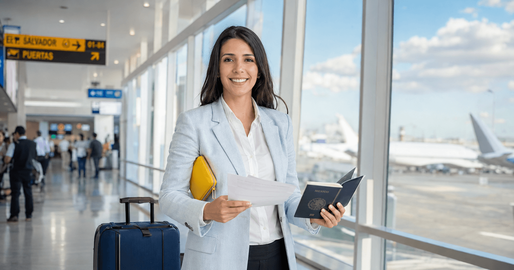 Confident traveler in soft pale blue grey textured jacket holding dummy booking documents and passport at bright modern Mexico City airport terminal with small yellow accent in 2026