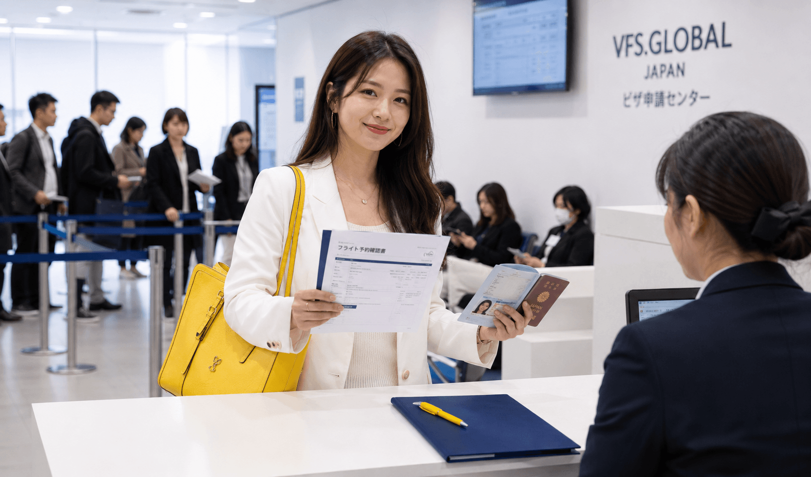 Confident visa applicant holding genuine Standard Flight Reservation and passport at bright modern VFS Global visa application center with bright yellow bag in 2026