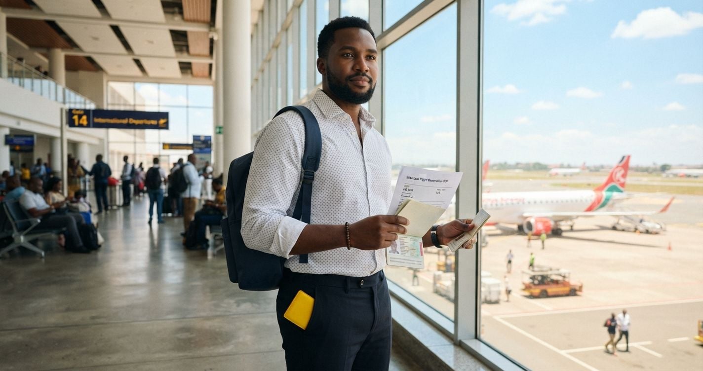 Focused Kenyan man in white linen shirt with geometric print holding genuine Standard Flight Reservation at bright modern Nairobi airport departure gate with small yellow accent wallet in 2026
