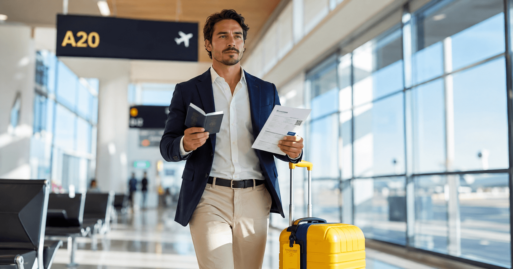 Confident traveler at airport holding passport and proof of onward travel flight reservation document ready for immigration check in 2026