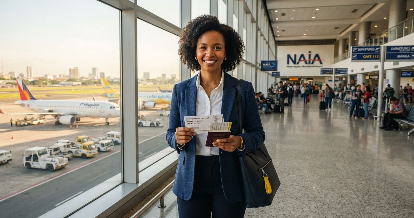 Confident South African woman in a navy blazer holding a printed flight reservation at Manila Ninoy Aquino International Airport departure hall in 2026