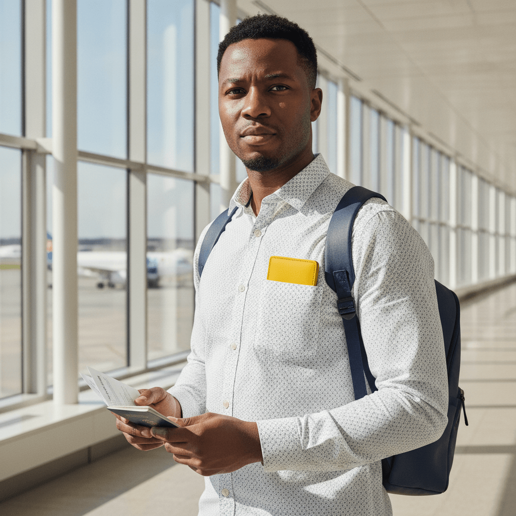 Confident South African man in white linen shirt with subtle geometric print holding onward ticket document at bright modern Johannesburg airport terminal with small yellow accent wallet in 2026