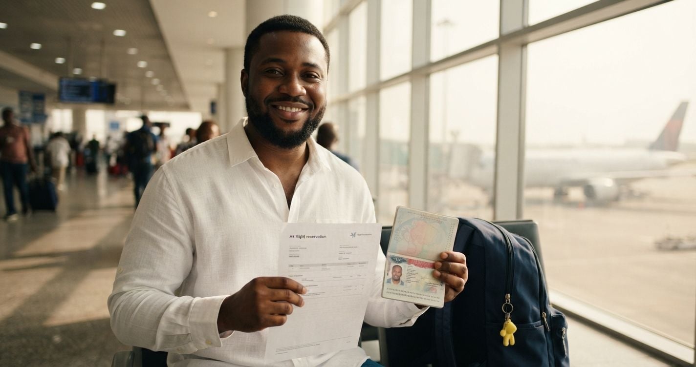 Confident Nigerian man in a white linen shirt holding a printed flight reservation and open passport at Lagos Murtala Muhammed International Airport bright departure hall in 2026
