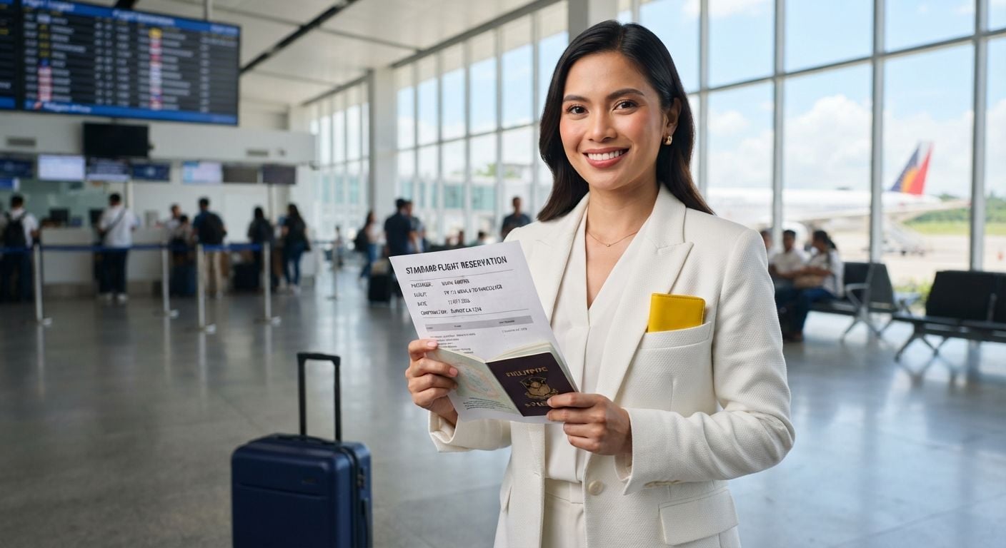 Confident Filipino woman in white blazer with subtle texture holding dummy ticket and passport at bright modern Manila airport departure terminal with small yellow accent wallet in 2026