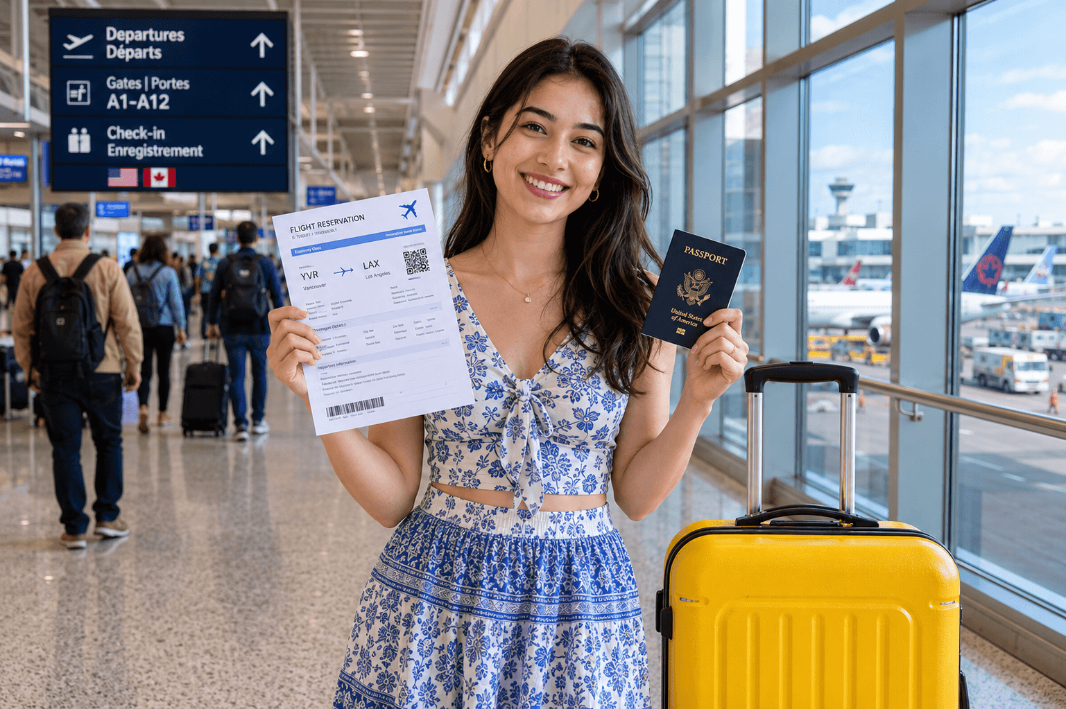 Young South Asian woman in a bright yellow suitcase holding dummy ticket flight reservation and passport at a modern north american international airport terminal in 2026