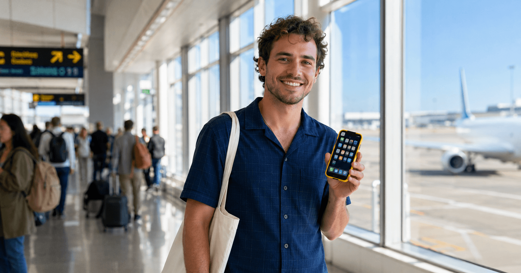 Confident traveler in navy blue patterned shirt using travel apps on phone at bright modern Lisbon airport terminal with small yellow accent in 2026