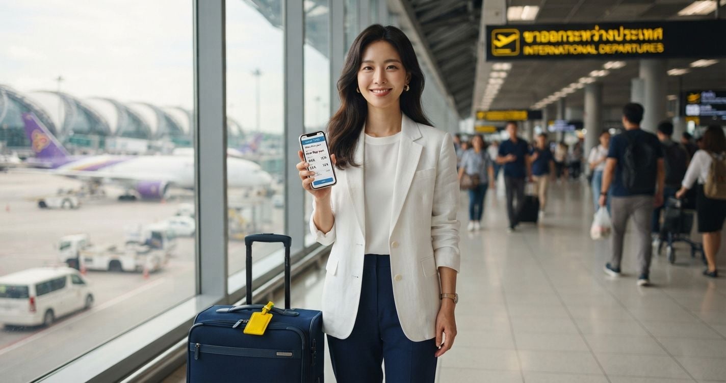 Confident South Korean woman in a white linen blazer holding an onward ticket flight reservation on her phone at a bright modern Bangkok Suvarnabhumi airport departure hall, small yellow luggage tag on her navy carry-on