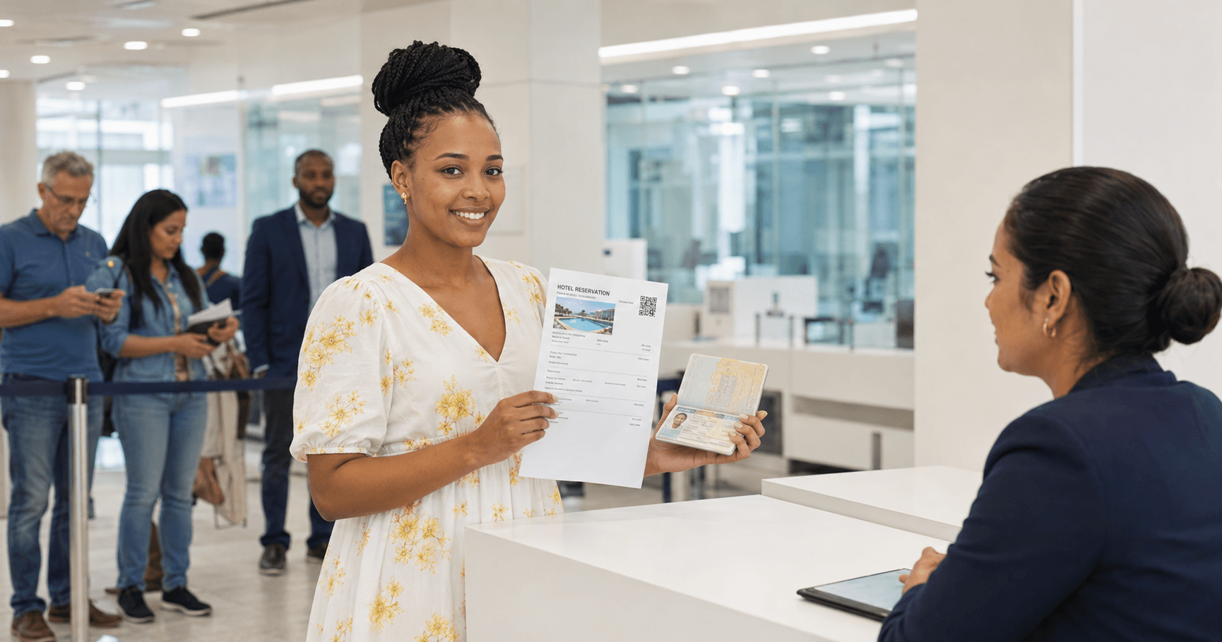 Confident visa applicant holding hotel reservation and passport at bright modern embassy visa application center with bright yellow bag ready for visa application in 2026