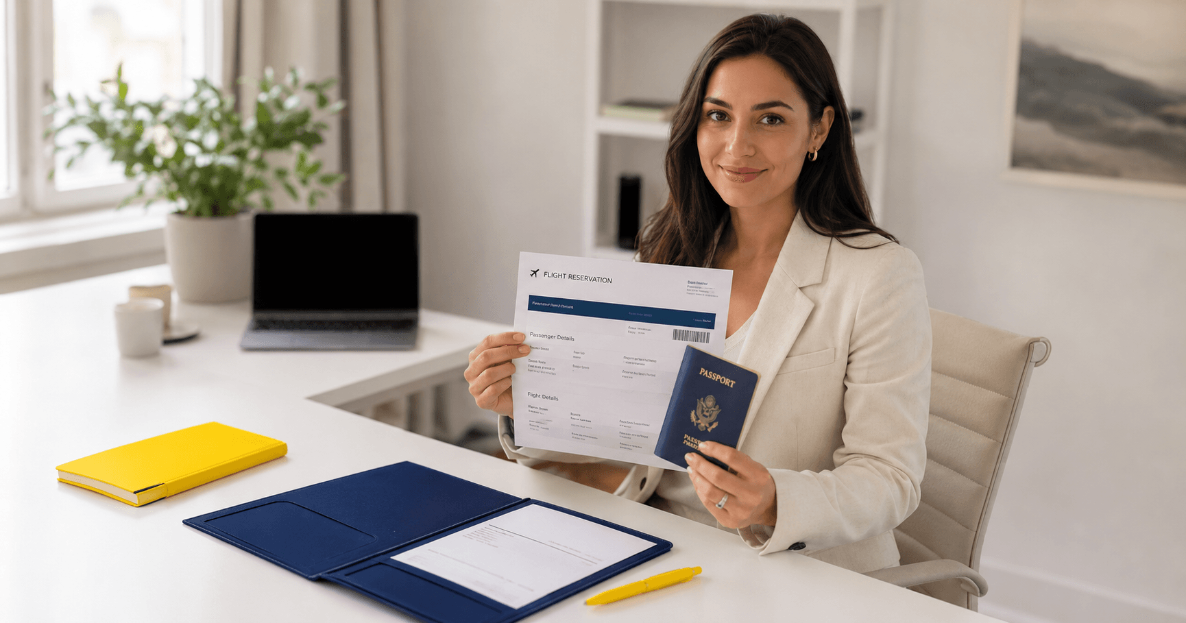 a traveler holding a printed dummy ticket and passport at a clean white desk ready for visa application in 2026
