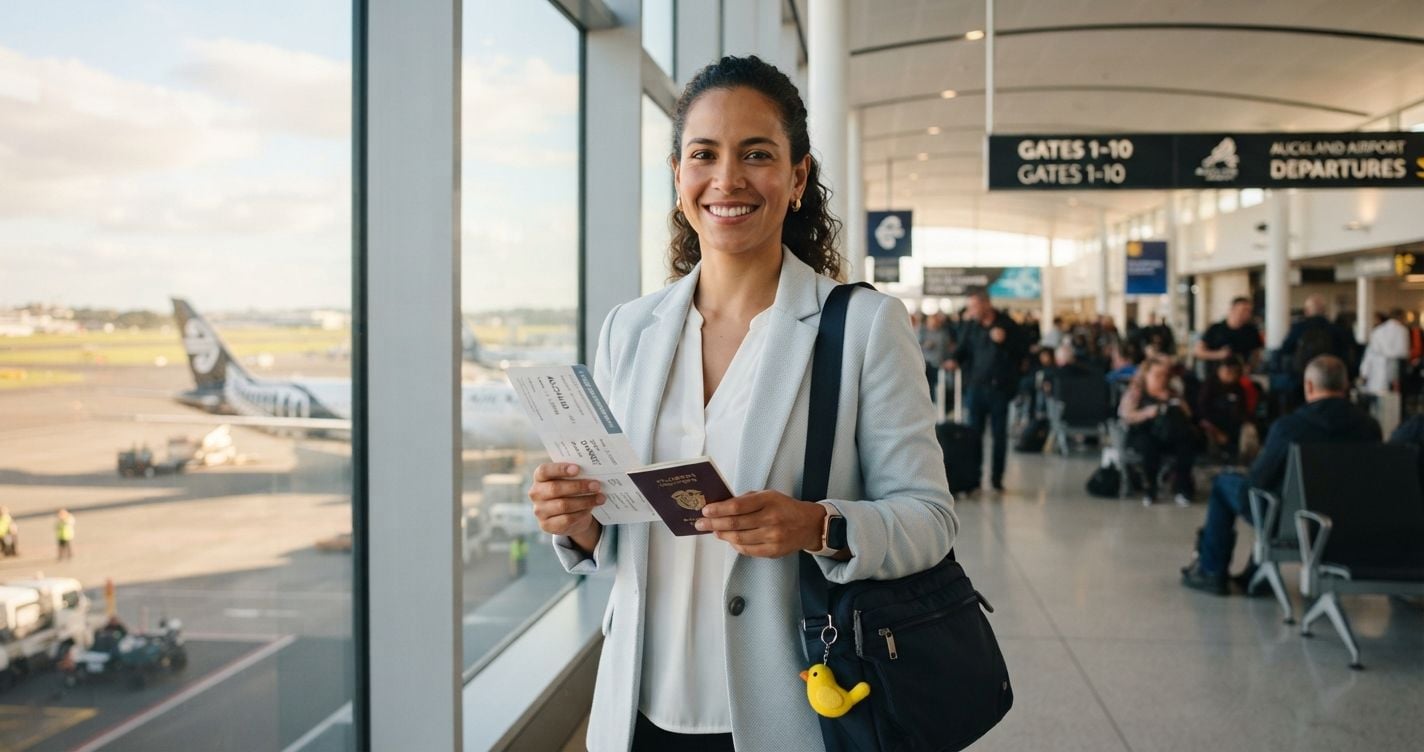 Confident Colombian woman in a pale blue-grey blazer holding a printed flight reservation at Auckland International Airport bright modern departure hall in 2026