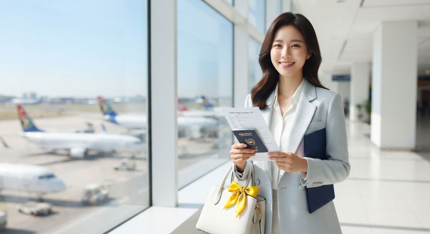 Confident South korean- African woman in soft pale blue grey textured blazer holding dummy ticket and passport at bright modern Johannesburg airport terminal with small yellow scarf accent in 2026
