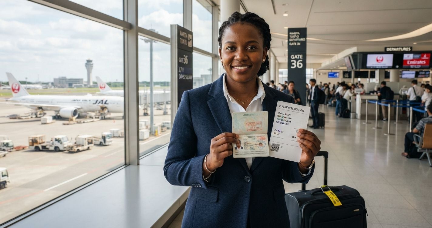 Confident Tanzanian woman in a navy blazer holding a printed flight reservation at Tokyo Narita International Airport bright modern departure hall in 2026