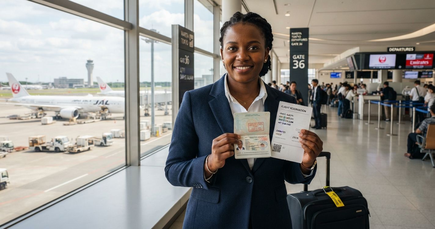 Confident Tanzanian woman in a navy blazer holding a printed flight reservation at Tokyo Narita International Airport bright modern departure hall in 2026