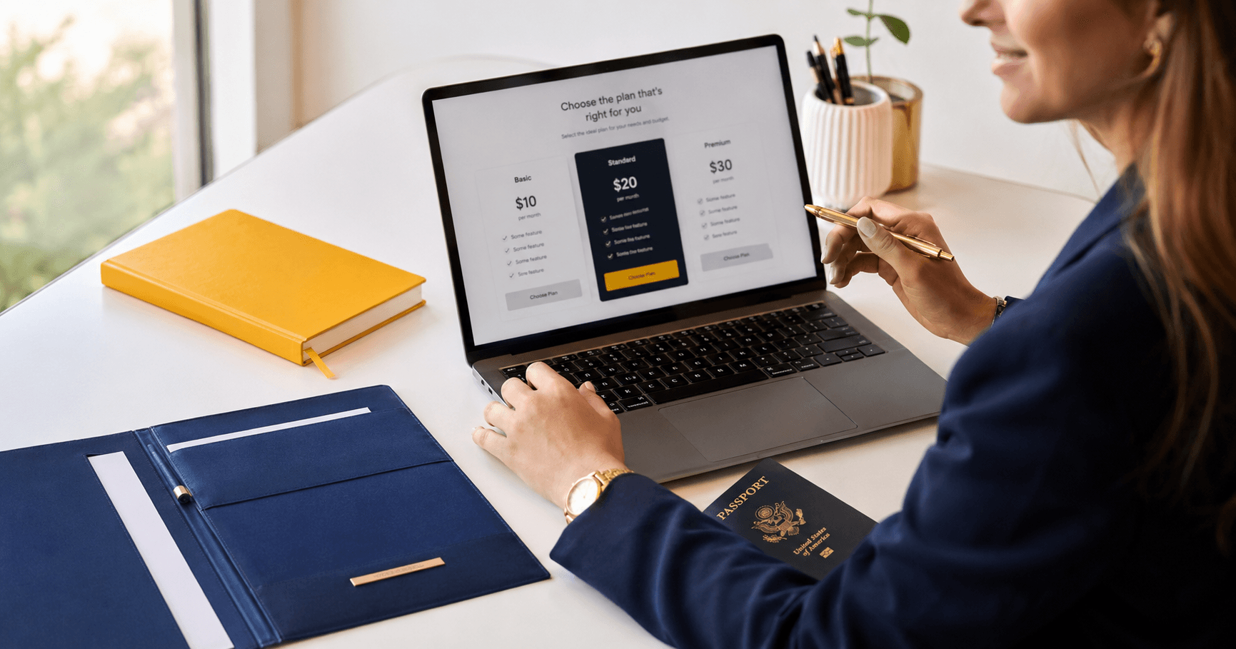 Confident traveler reviewing dummy ticket pricing options on laptop at a clean white desk with passport and yellow gold pen in 2026