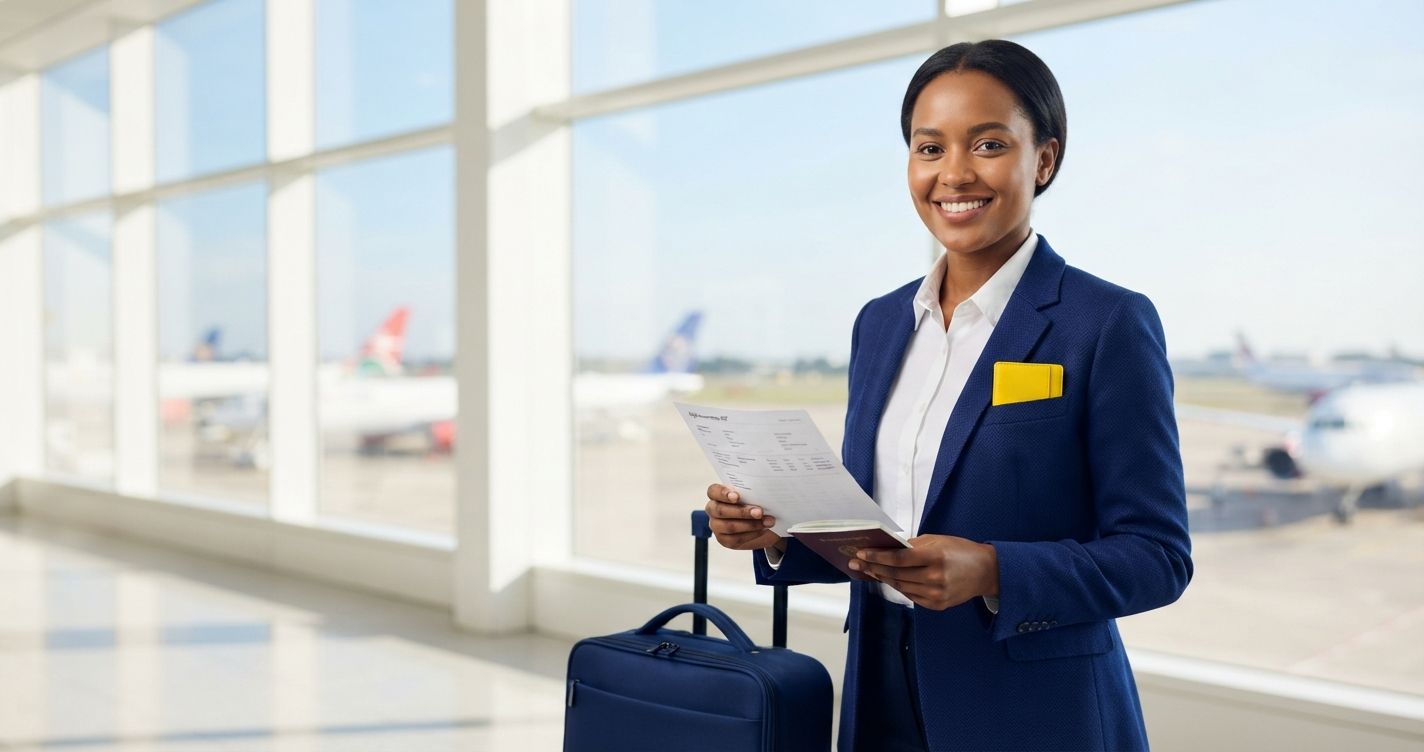 Confident East African woman in navy blue blazer holding flight reservation document and passport at bright modern Nairobi international airport terminal with small yellow accent in 2026