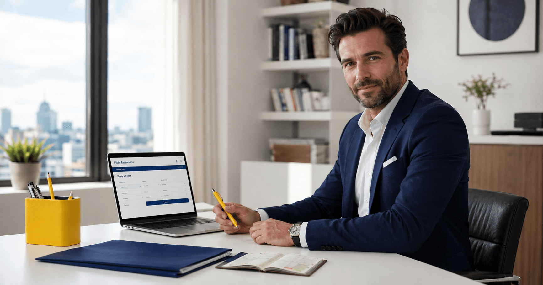 Confident professional booking a verifiable dummy ticket for visa application on laptop at a bright modern workspace with passport and bright yellow accessories in 2026