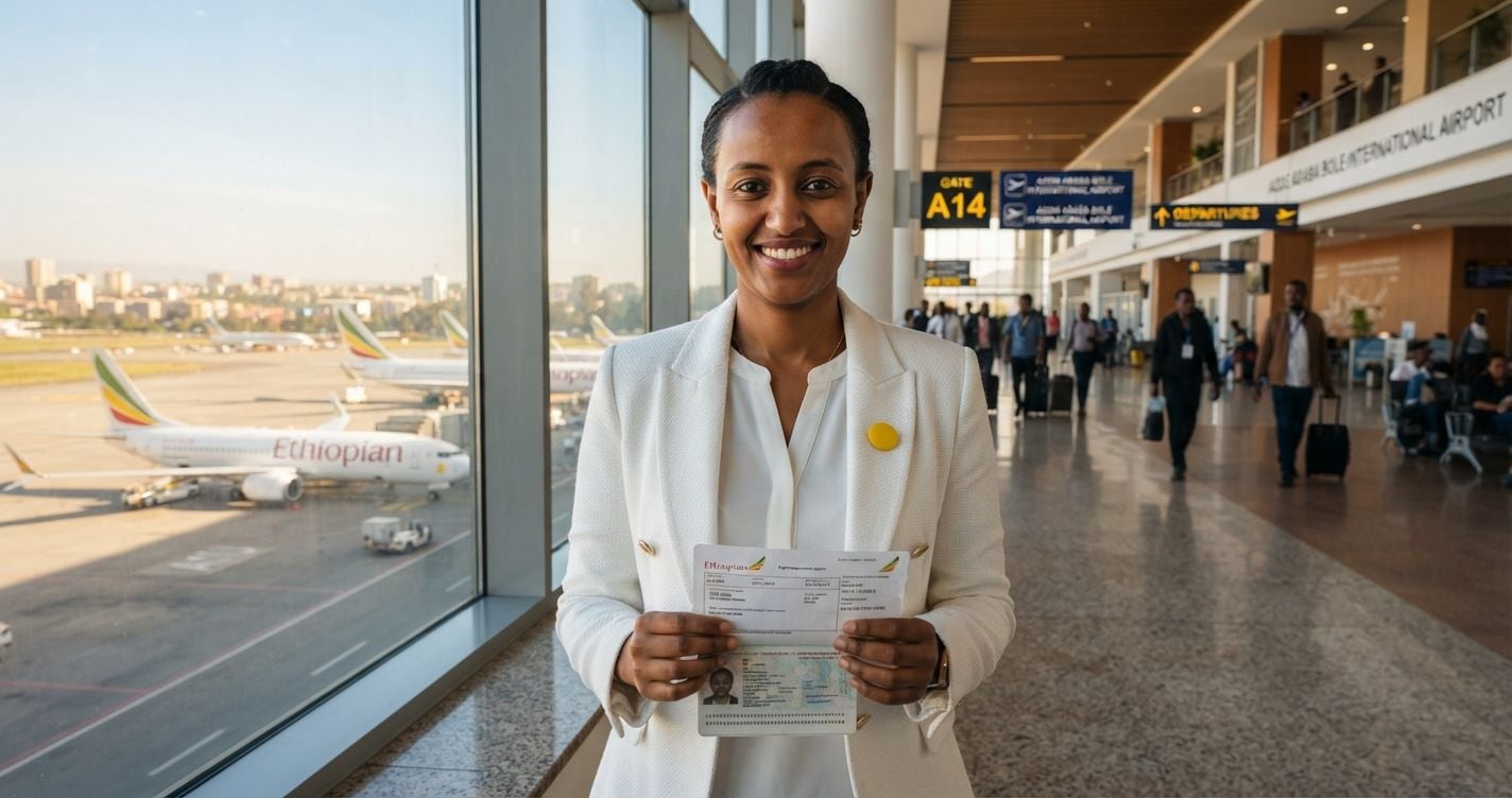 Confident Ethiopian woman in a white blazer holding a printed flight reservation and open passport at Addis Ababa Bole International Airport bright departure hall in 2026